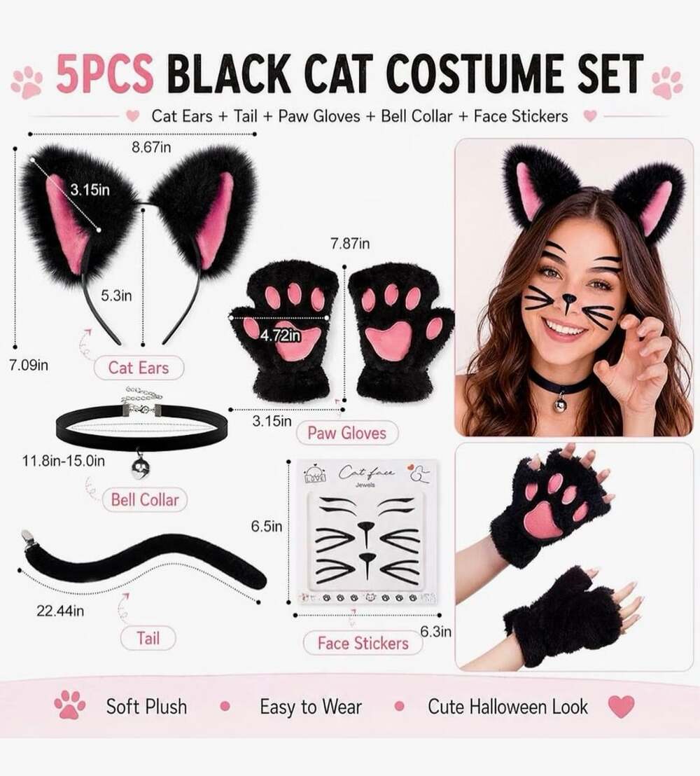 Cat Face Jewels 5Pcs Black Cat Costume Set Black Plush